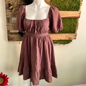 Chocolate Brown Puff Sleeve Smock Mini Dress